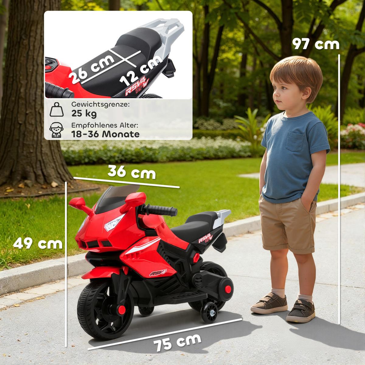 ELEKTRO KINDERMOTORRAD mit USB Stützrädern und Musik - Rot, Metall (75/36/49cm) - AIYAPLAY