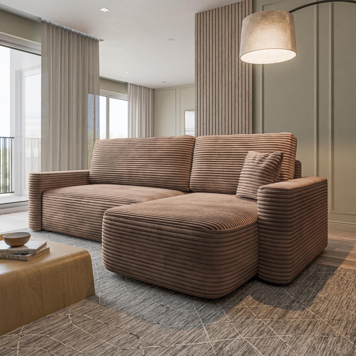 ECKSOFA NERI T Beige Kordstoff mit Schlaffunktion - Beige, Holzwerkstoff/Textil (280/157cm) - MASSENO
