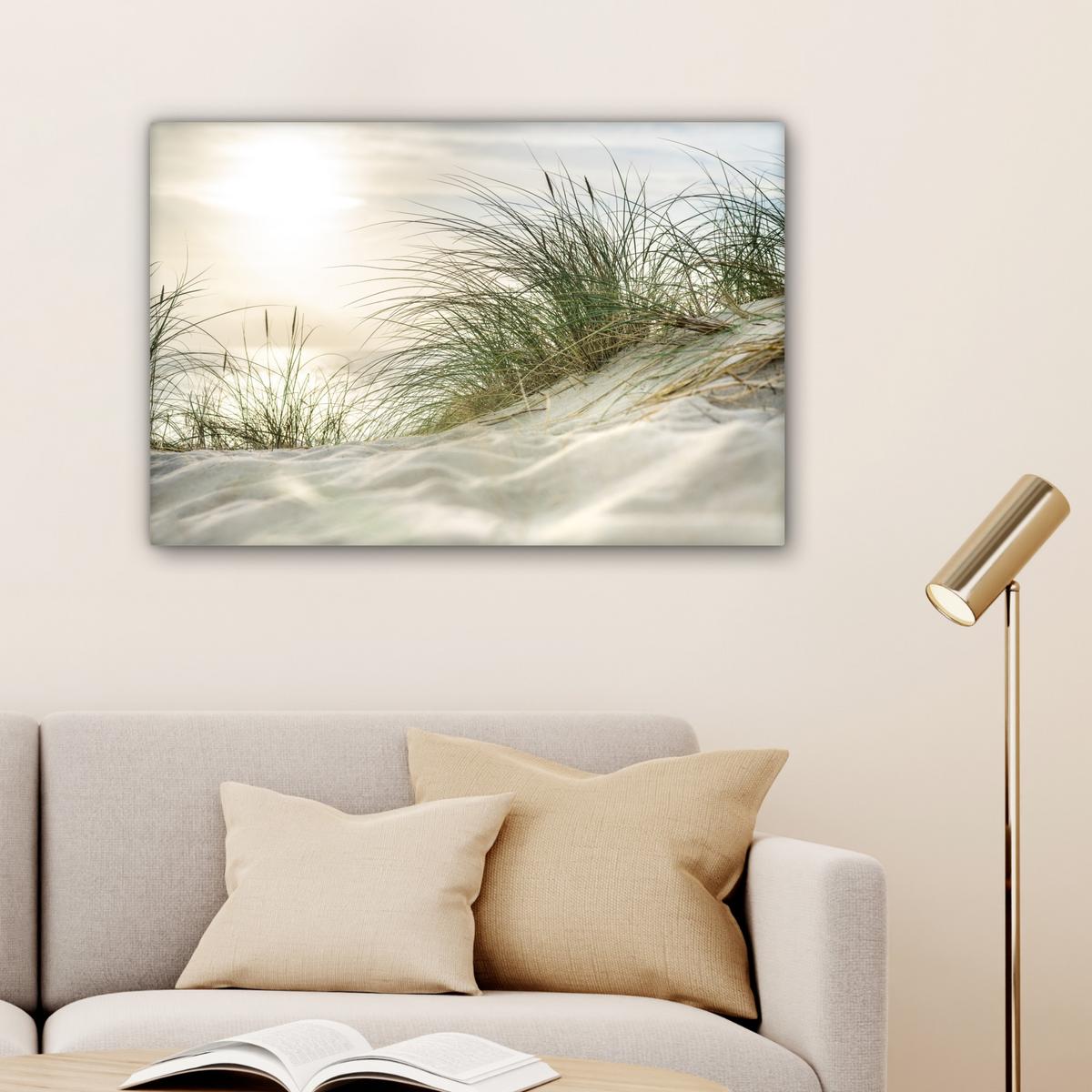 LEINWANDBILD Dünen mit Strandhafer in der Sonne des Nationalparks Schleswig-Holsteinisches Wattenmeer Wanddeko 90x60 cm - Creme, Textil (90/60cm) - MuchoWow