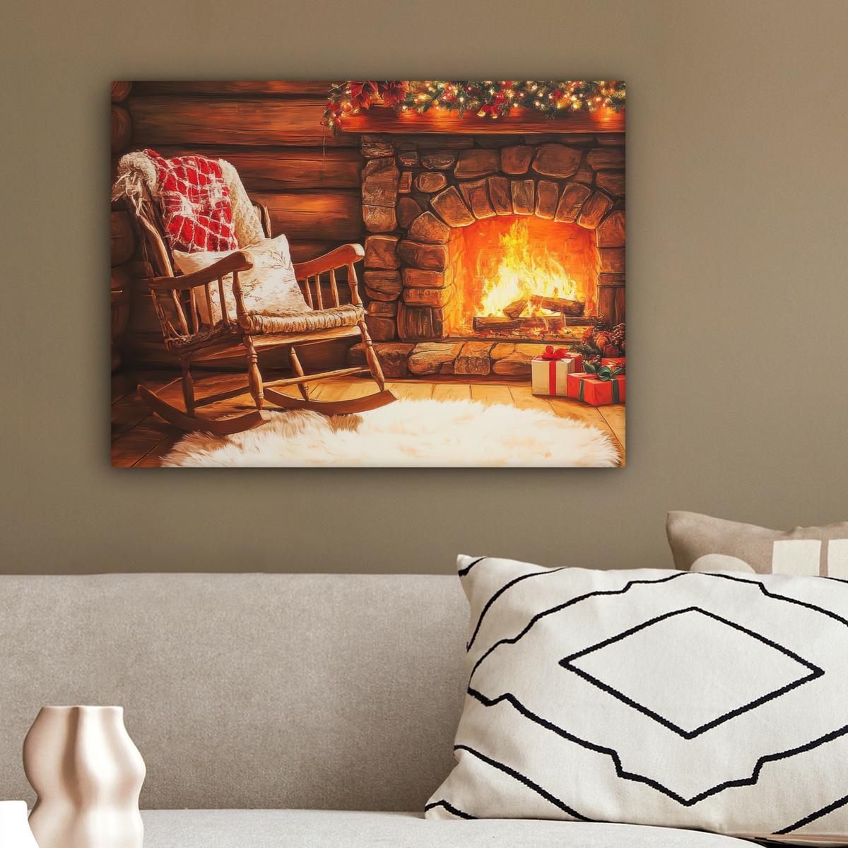 LEINWANDBILD Winter - Weihnachten - Zuhause - Kamin Wandbild 40x30 cm - Bernsteinfarben, Textil (40/30cm) - MuchoWow