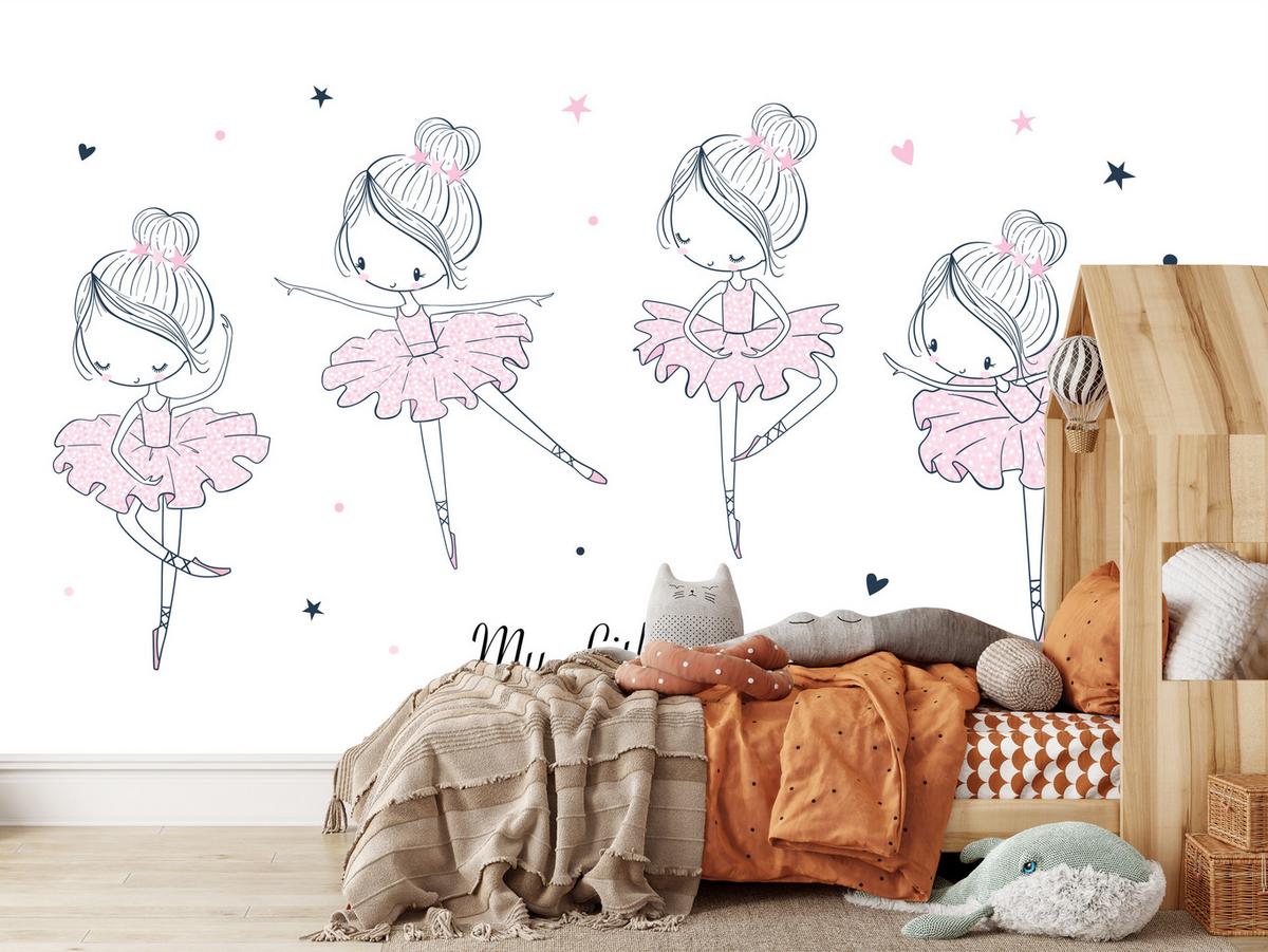 FOTOTAPETE für Kinderzimmer Kleine Ballerinen Tanzen Herzen Sterne 200x140 - Weiß, Papier (200/140cm) - Muralo