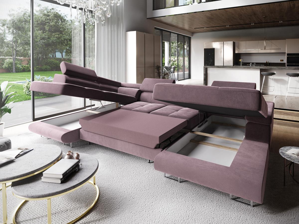 WOHNLANDSCHAFT CASONE L-S Lila Velours-Stoff mit Schlaffunktion - Lila/Silberfarben, Holz/Textil (345/90/202cm) - MASSENO
