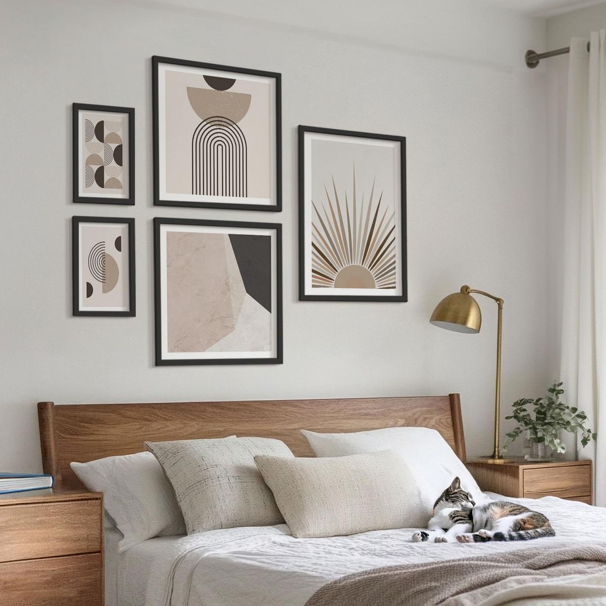 BILDER SET 5er Set - 50x50 cm & 20x30 cm & 40x60 cm Schwarzer Rahmen - Abstrakte beige und braune Formen - Schwarz, Kunststoff (40/60cm) - TULUP