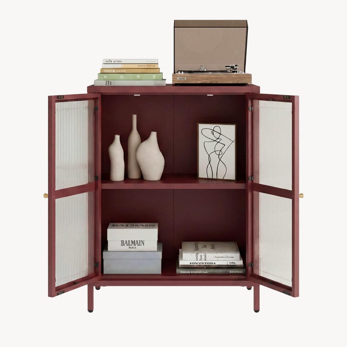 VITRINE Säkylä - Transparent/Bordeaux, Glas/Metall (64/84/35cm) - [en.casa]