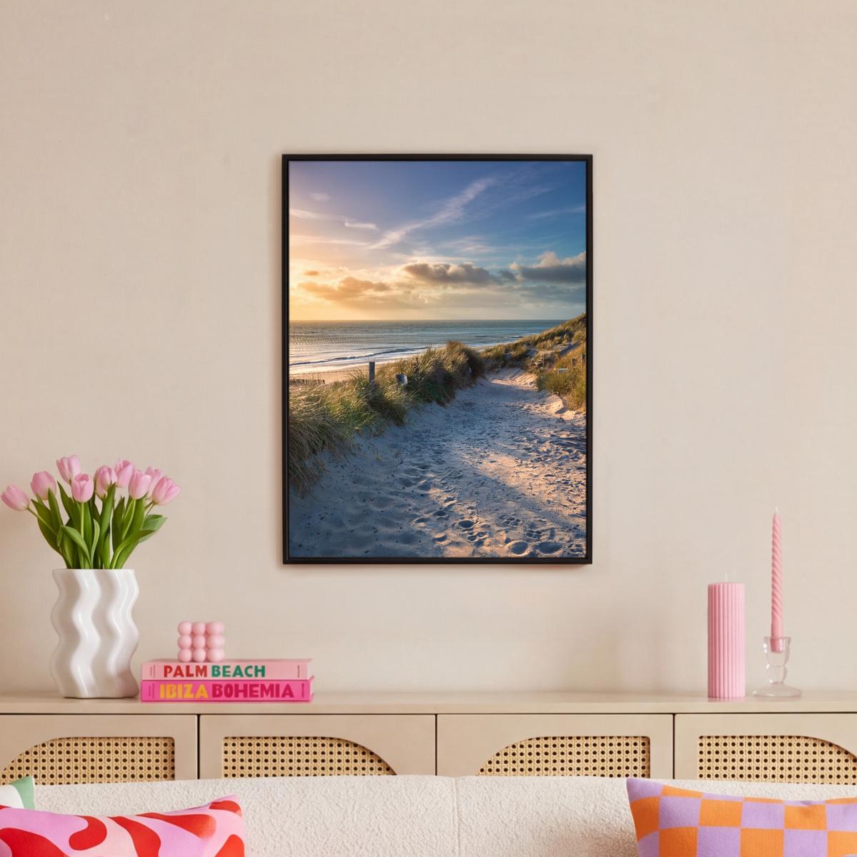 LEINWAND Bilder mit Rahmen - Sonnenuntergang - Strand - Düne - Gras - Ufer - 60x80 - Sandfarben, Textil (60/80cm) - MuchoWow