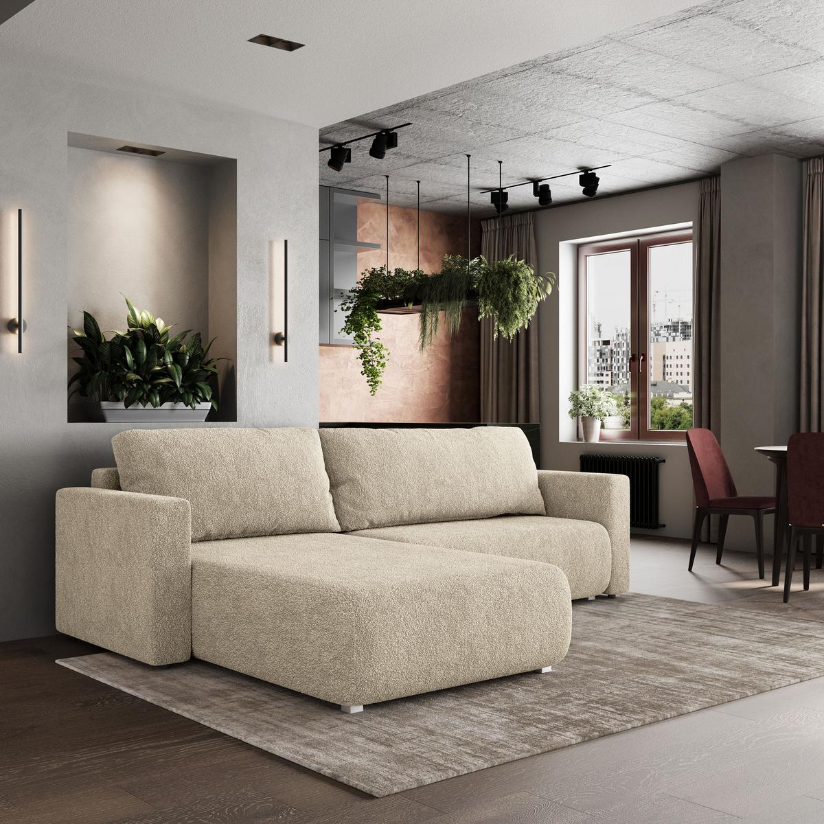 ECKSOFA TURIN N Creme Bucle-Stoff mit Schlaffunktion - Creme/Grau, Holz/Kunststoff (265/183cm) - MASSENO