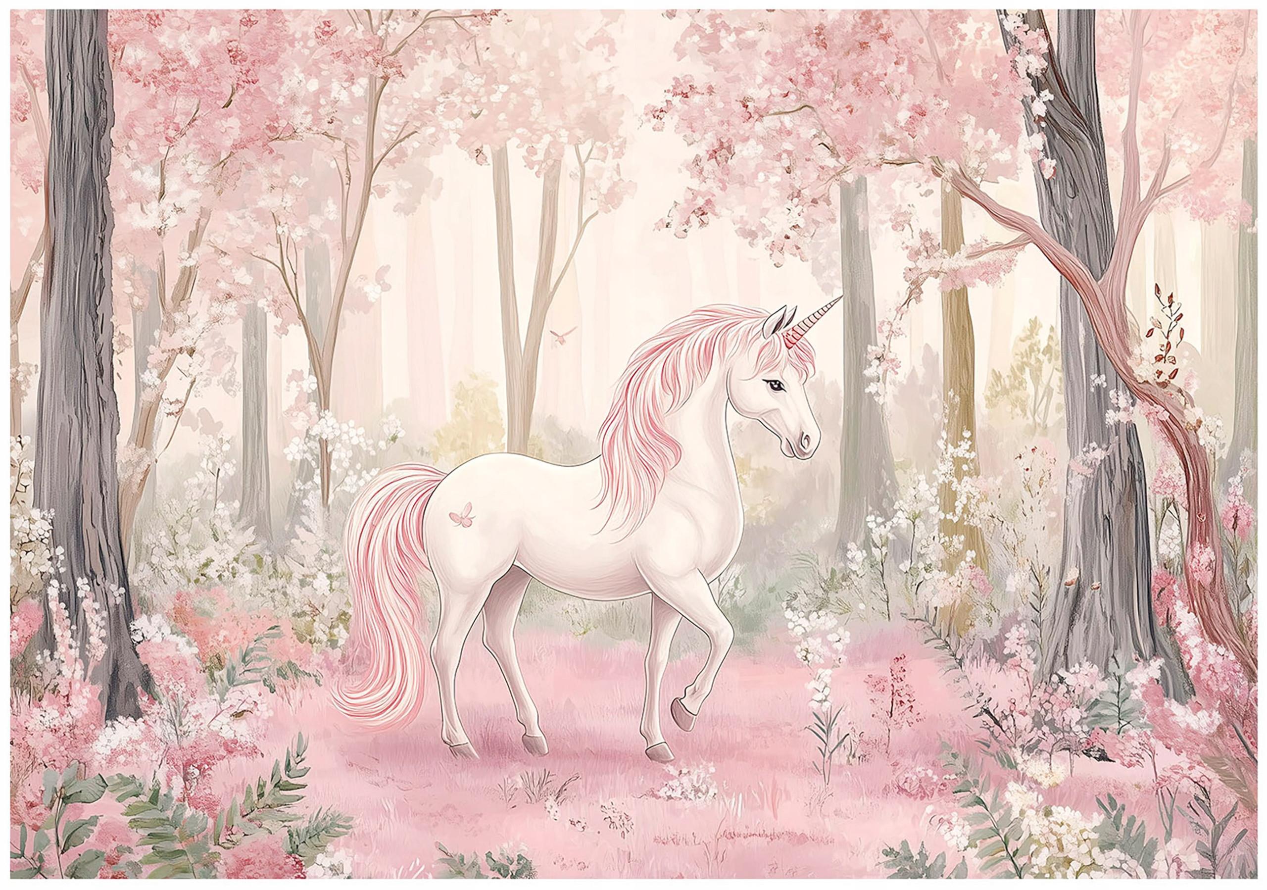 FOTOTAPETE Kinderzimmer Mädchen Einhorn Wald 150x105 - Multicolor, Papier (150/105cm) - Wallarena