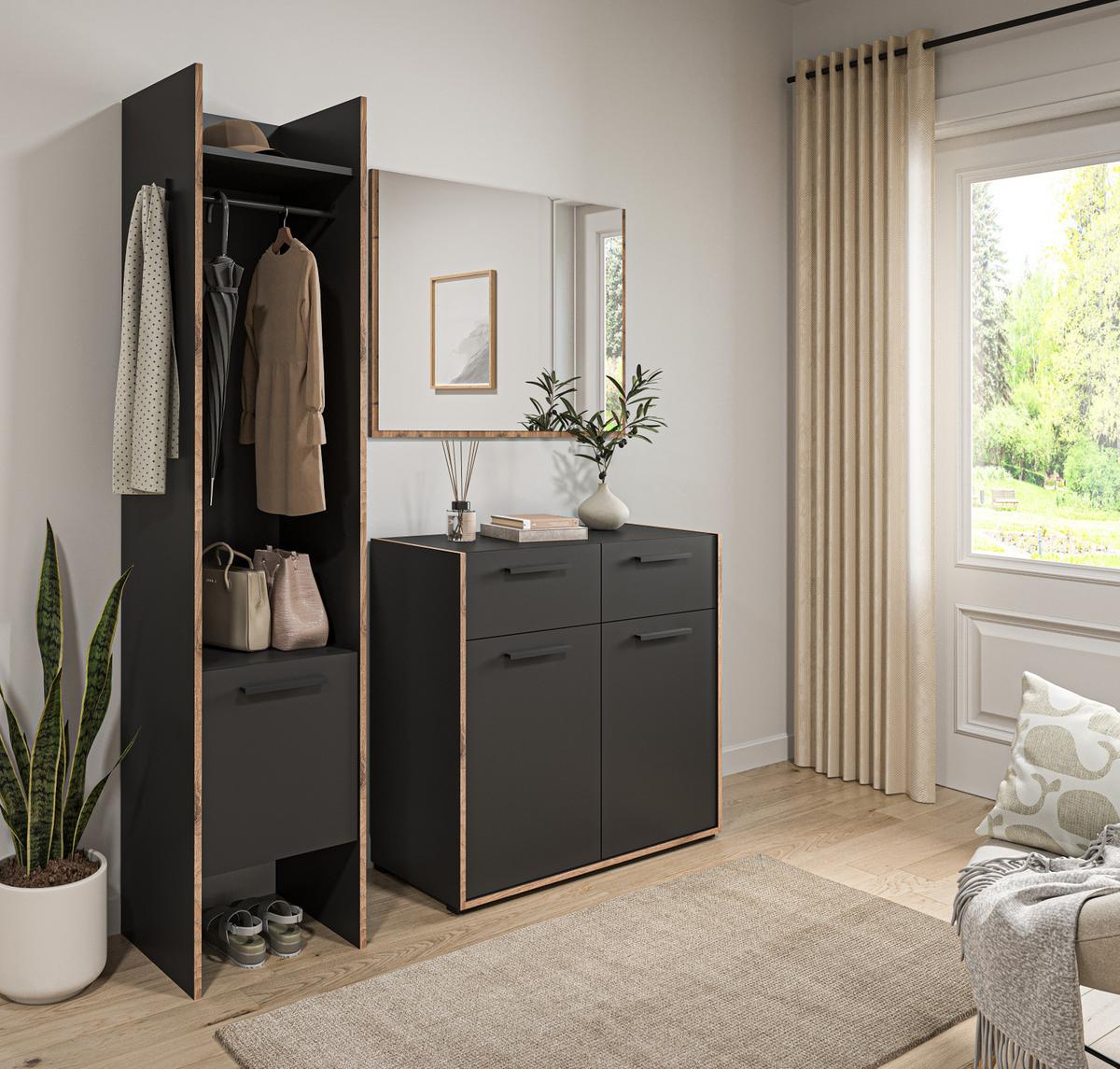 GARDEROBE-SET grau und Nox Eiche, Garderobenkombination 3-teilig, 152 x 189 cm, Salud - Dunkelgrau/Eichefarben, Holzwerkstoff/Kunststoff (152/189/37cm) - Inn.Furn