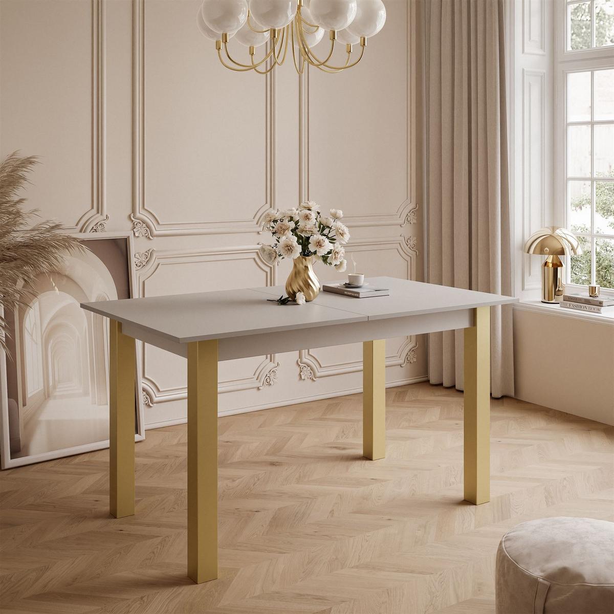 ESSTISCH ARTON GOLD ausziehbarer Tisch 140-195 cm Klapptisch Wohnzimmer - Beige/Goldfarben, Holzwerkstoff/Metall (140/80/77cm) - Lookway
