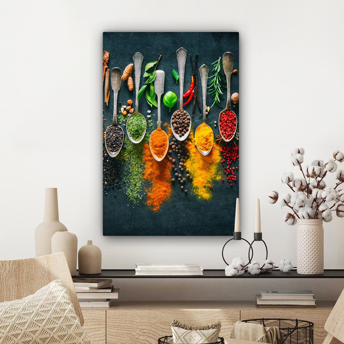 LEINWANDBILD Kräuter - Gewürze - Löffel Wanddeko Schlafzimmer 60x90 cm - Currygelb, Textil (60/90cm) - MuchoWow