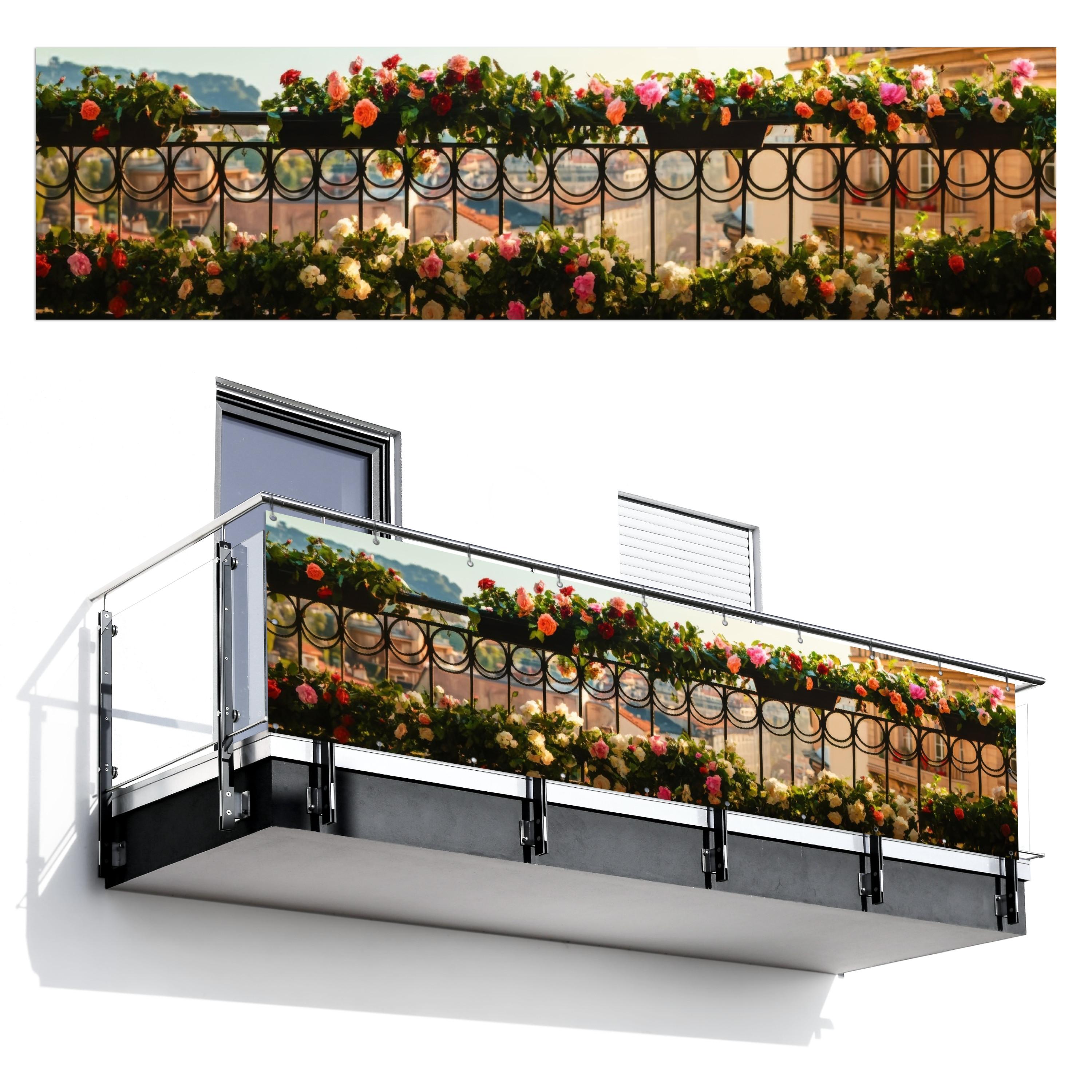BALKON-SICHTSCHUTZ Blumen - Zaun - Stadtbild - Sommer Witterungsbeständig 300x75 cm - Pink, Kunststoff (300/75cm) - MuchoWow
