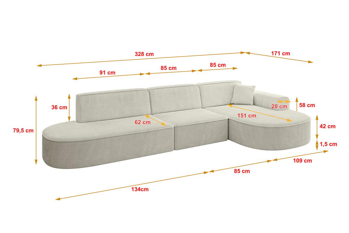 ECKSOFA Ottomane Rechts MARI-L2 - 328x171x79 cm Creme Cord - Hellgrau/Creme, Holzwerkstoff/Kunststoff (171/328cm) - ALTDECOR