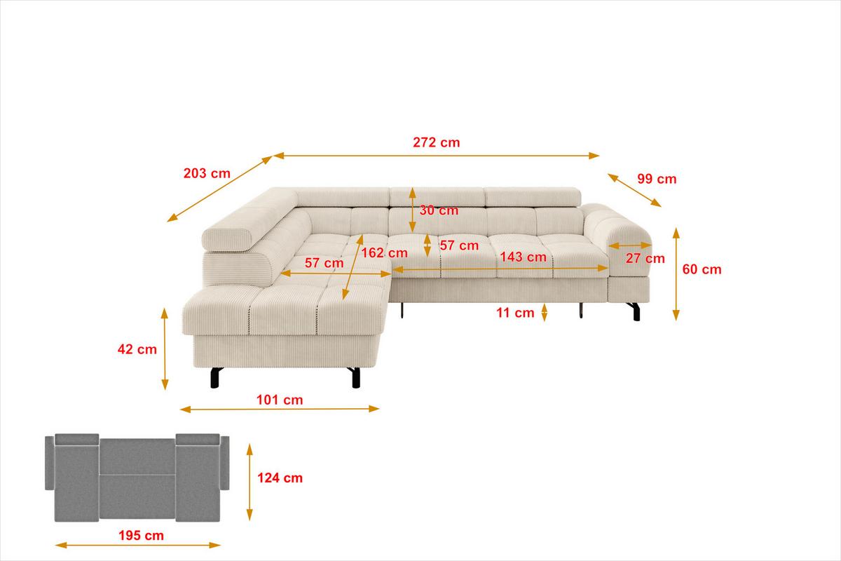 ECKSOFA mit Schlaffunktion Ottomane Links LUMA-L 272x203x70 Beige Cord - Beige/Schwarz, Holzwerkstoff/Kunststoff (272/203cm) - ALTDECOR