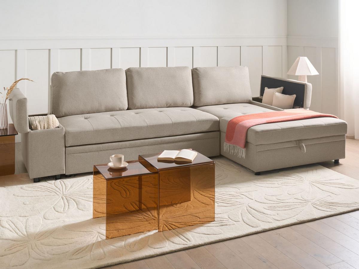ECKSCHLAFSOFA 3-Sitzer Kunstleinen Beige linksseitig Hrisey - Beige, Textil (293/161cm) - Beliani