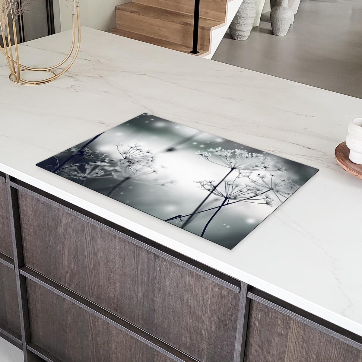 HERDABDECKPLATTE Blumen - Winter - Schnee - Natur Induktionsschutz 81.6x52.7 cm - Grau, Kunststoff (81.6/52.7/0.2cm) - MuchoWow