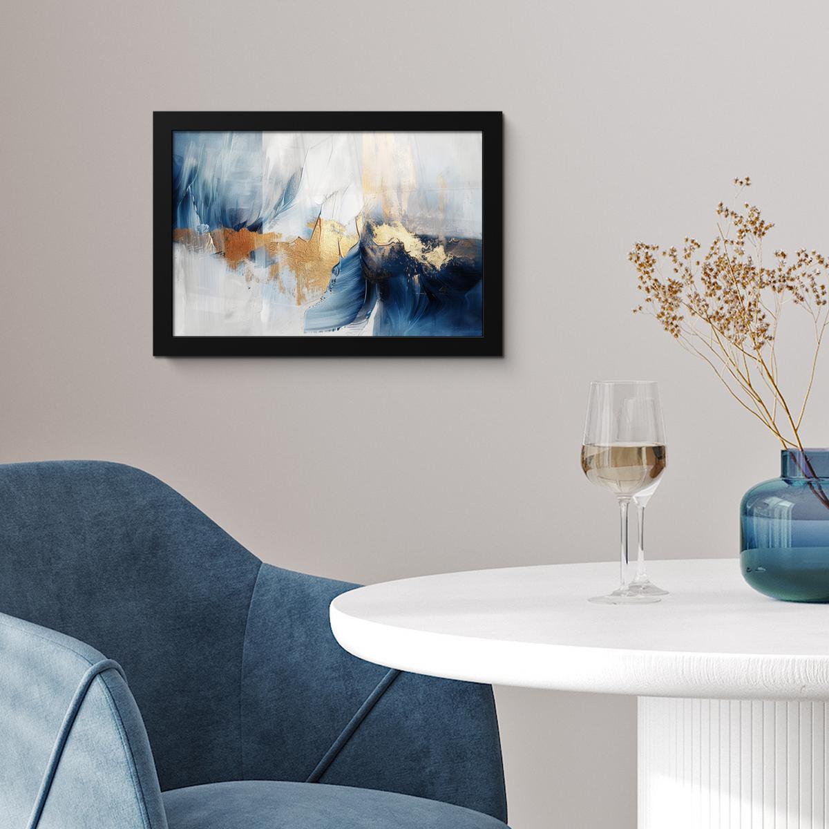 POSTER MIT RAHMENGERAHMTES BILD Gold - Blau - Aquarell - Kunst - Modern 30x20 cm - Hellblau, Papier (30/20cm) - MuchoWow
