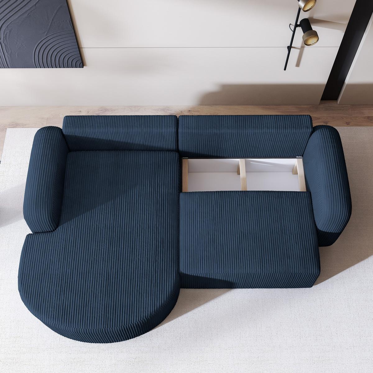 ECKSOFA AMILIA P L-S Blau Kordstoff mit Schlaffunktion - Blau, Holz (263/174cm) - MASSENO
