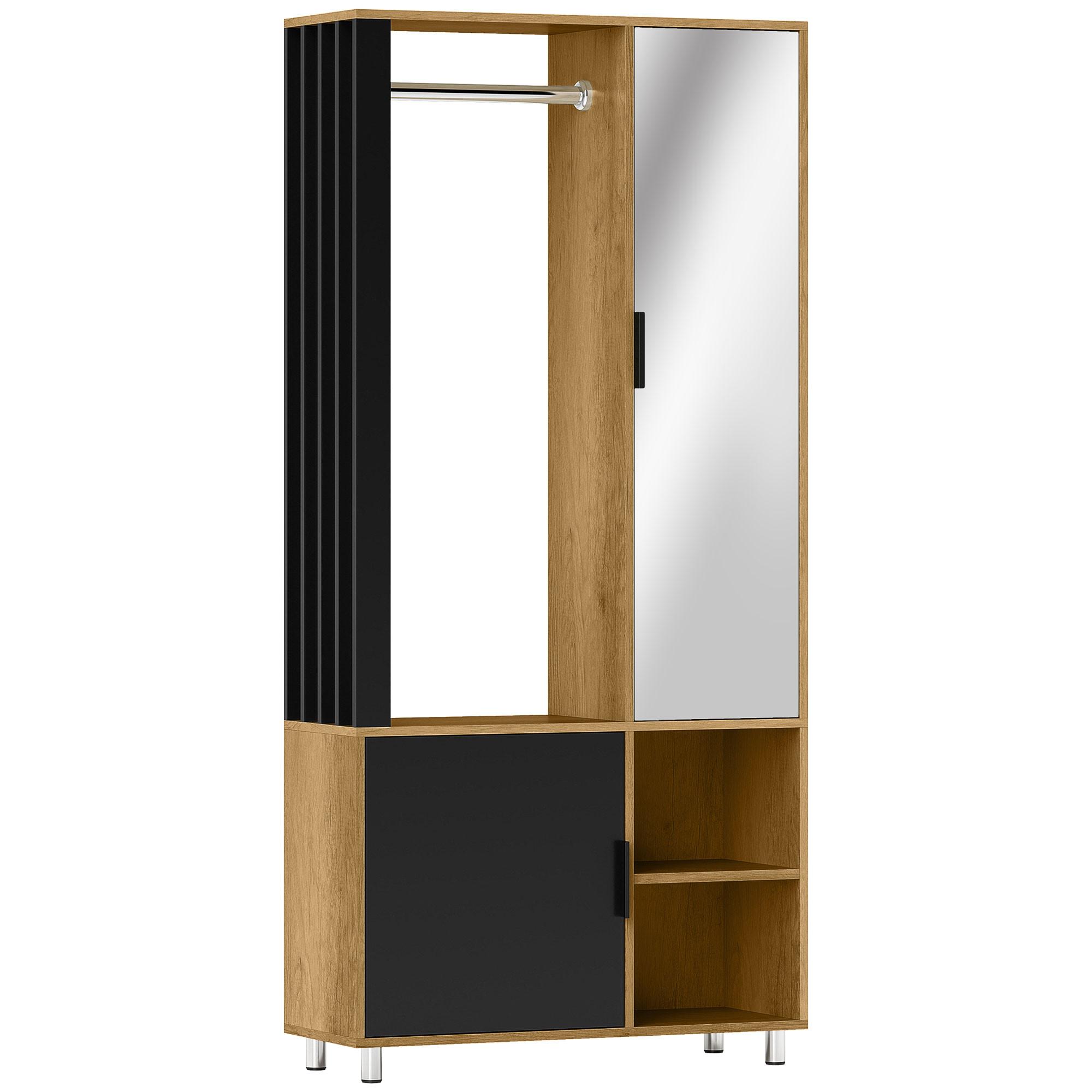 GARDEROBENSCHRANK mit Spiegel, Kleiderstange & Schuhschrank - Schwarz/Naturfarben, Holzwerkstoff/Kunststoff (30/175/80cm) - HOMCOM