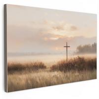 LEINWANDBILD Gras - Morgennebel - Kreuz - Christentum Deko Schlafzimmer 30x20 cm - Beige, Textil (30/20cm) - MuchoWow