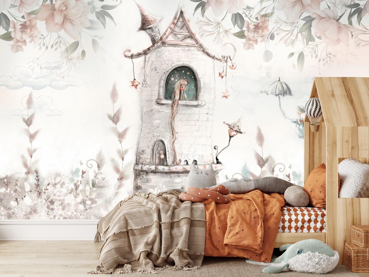 FOTOTAPETE für Kinderzimmer Prinzessin Turm Blumen Pflanzen 100x70 - Multicolor, Papier (100/70cm) - Muralo