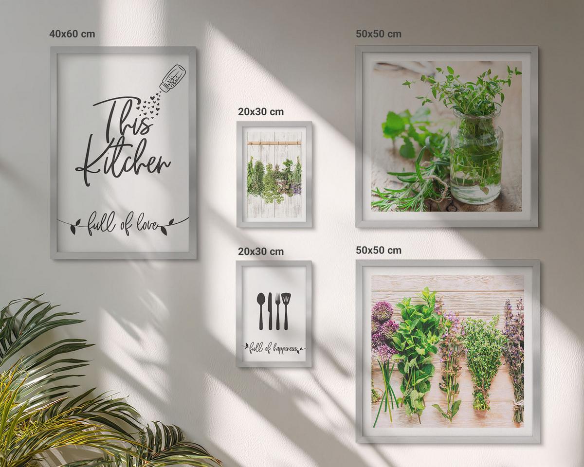 BILDER SET 5er Set - 50x50 cm & 20x30 cm & 40x60 cm Silberner Rahmen - Kräuterpflanzen zum Trocknen in der Küche - Silberfarben, Kunststoff (40/60cm) - TULUP