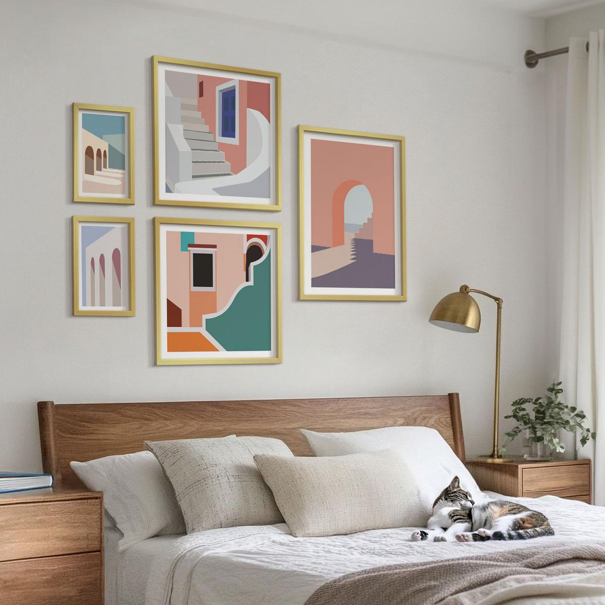 BILDER SET 5er Set - 50x50 cm & 20x30 cm & 40x60 cm Goldrahmen - Minimalistische Pastellgrafiken - Goldfarben, Kunststoff (40/60cm) - TULUP