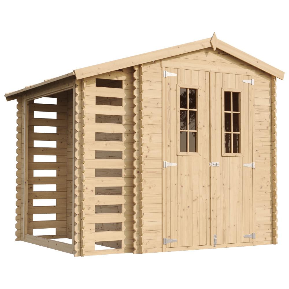 GARTENHAUS HOLZ Mit Brennholzschuppen M386C+M386G - mit imprägniertem Boden- 3,53 + 0,97 m2 - Beige, Holz (272/218/206cm) - Timbela
