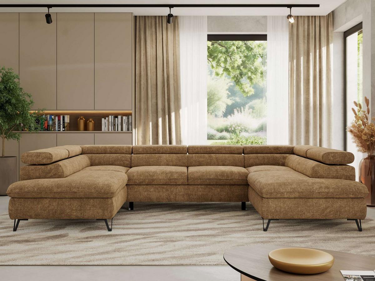 WOHNLANDSCHAFT PABLO U Schenille grob gewebt Hellbraun mit Topper Visco - Hellbraun/Schwarz, Textil/Metall (346/76/208cm) - MKS