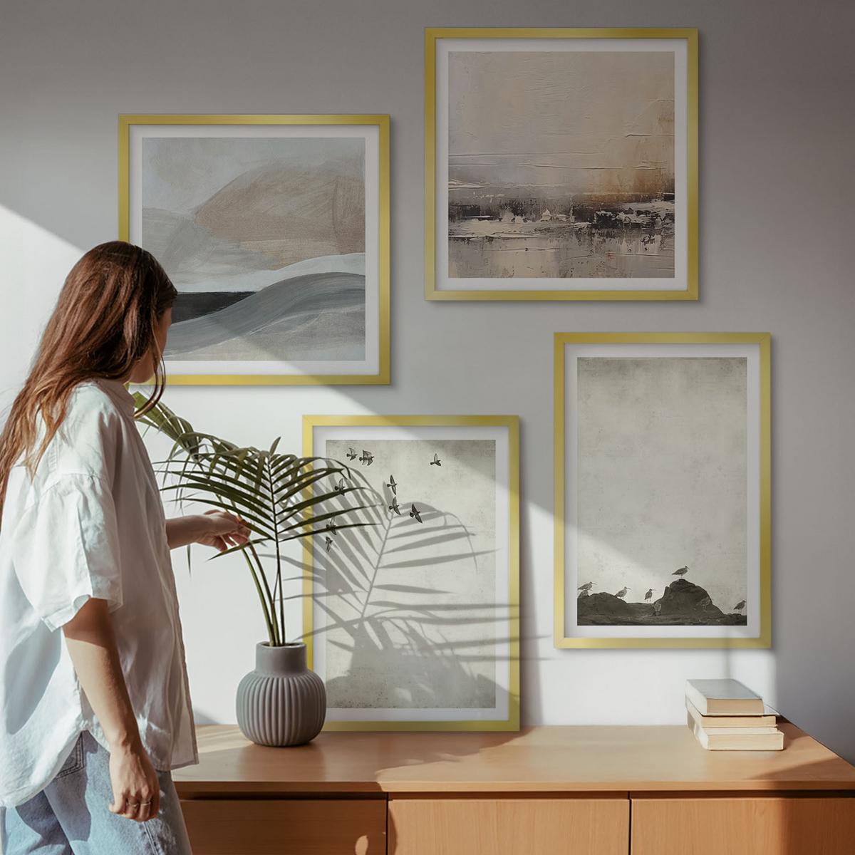 BILDER SET 4er Set - 50x50 cm & 40x60 cm Goldrahmen - Vögel, Steine, Pinselstriche, Verzierungen - Goldfarben, Kunststoff (50/50cm) - TULUP