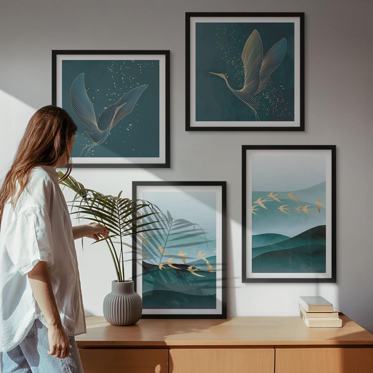 BILDER SET 4er Set - 50x50 cm & 40x60 cm Schwarzer Rahmen - Abstrakte Landschaften von Vogelwellen - Schwarz, Kunststoff (50/50cm) - TULUP