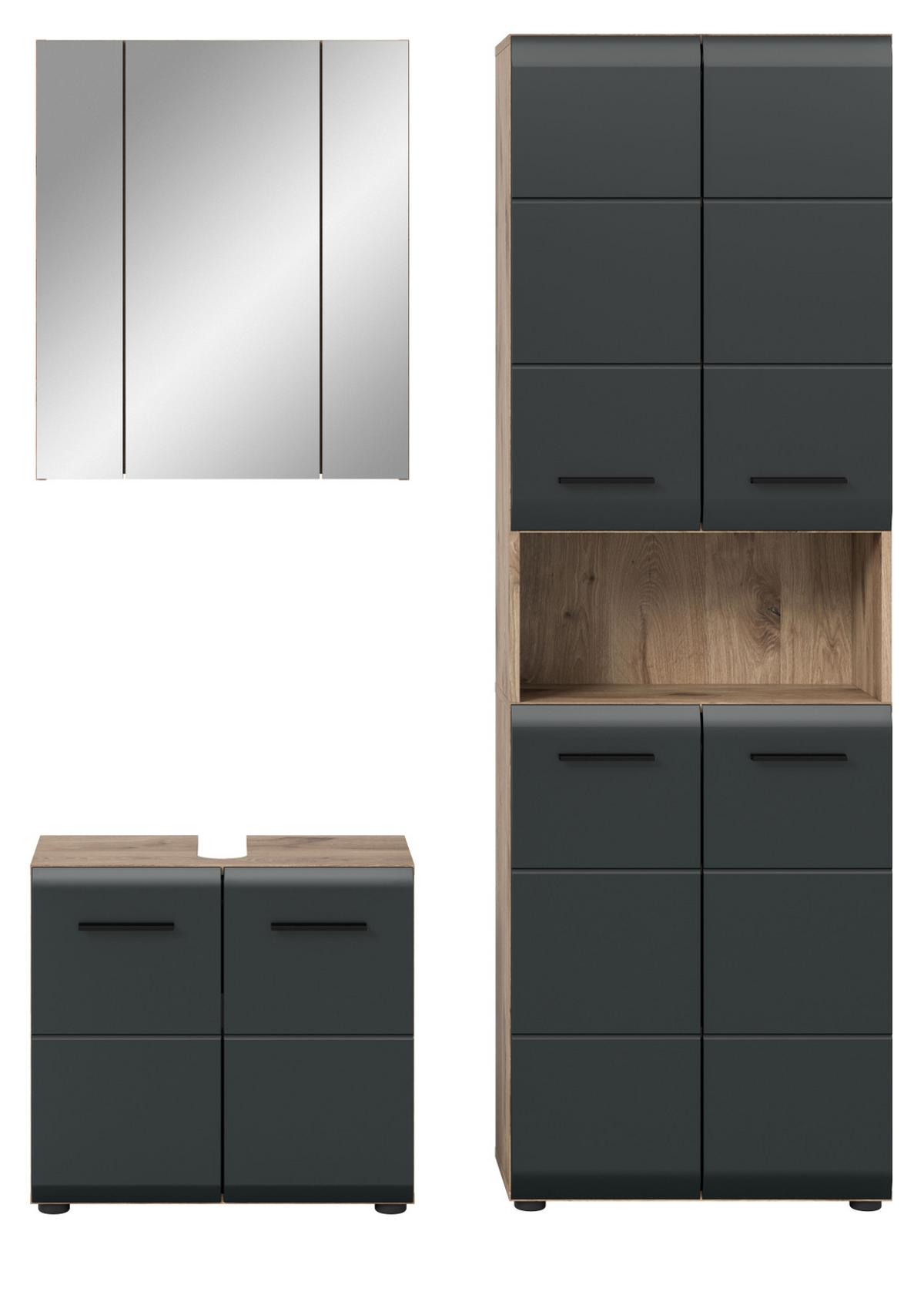 BADMÖBEL-SET 3-teilig schwarz matt, Nox Eiche inklusive Hochschrank 4-türig, 135 x 185 cm - Eichefarben/Schwarz, Glas/Holzwerkstoff (135/185/30cm) - Inn.Furn