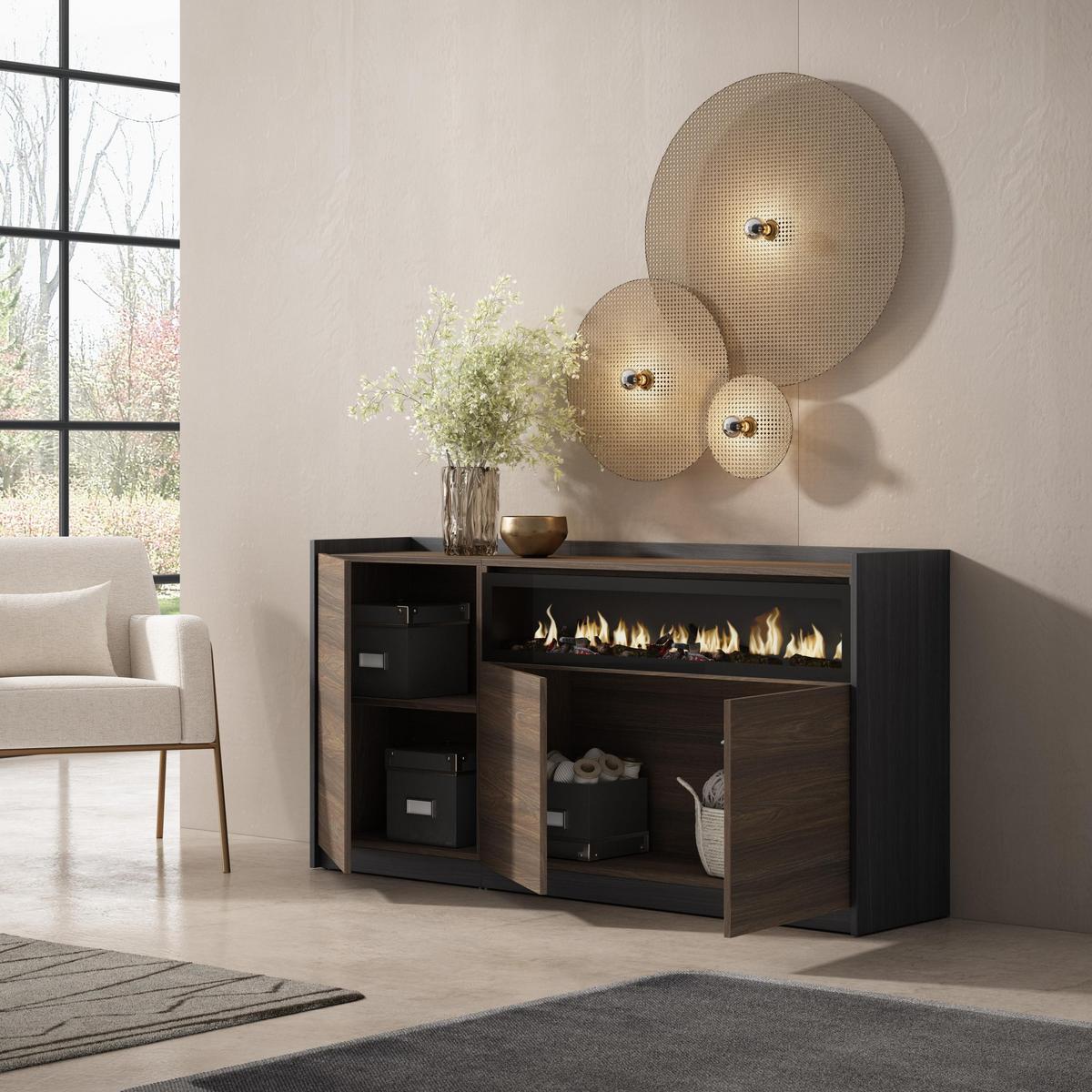 SIDEBOARD, Highboard, Dunkler Eiche und Schwarz, Elektrokamin, 156/37/80cm - Hellbraun, Holzwerkstoff (156/80/37cm) - Skraut Home