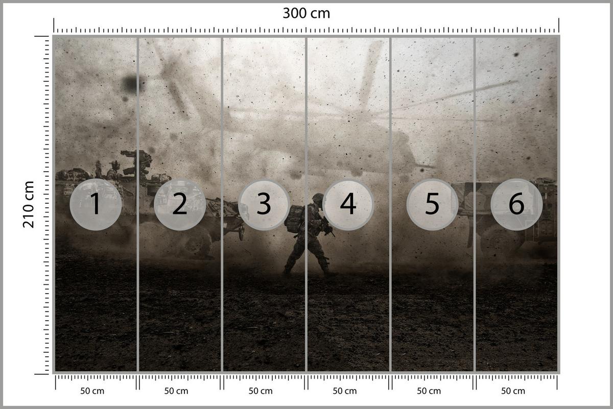FOTOTAPETE für Jugendzimmer Wüste Militär Hubschrauber Panzer 300x210 - Beige/Schwarz, Papier (300/210cm) - Muralo