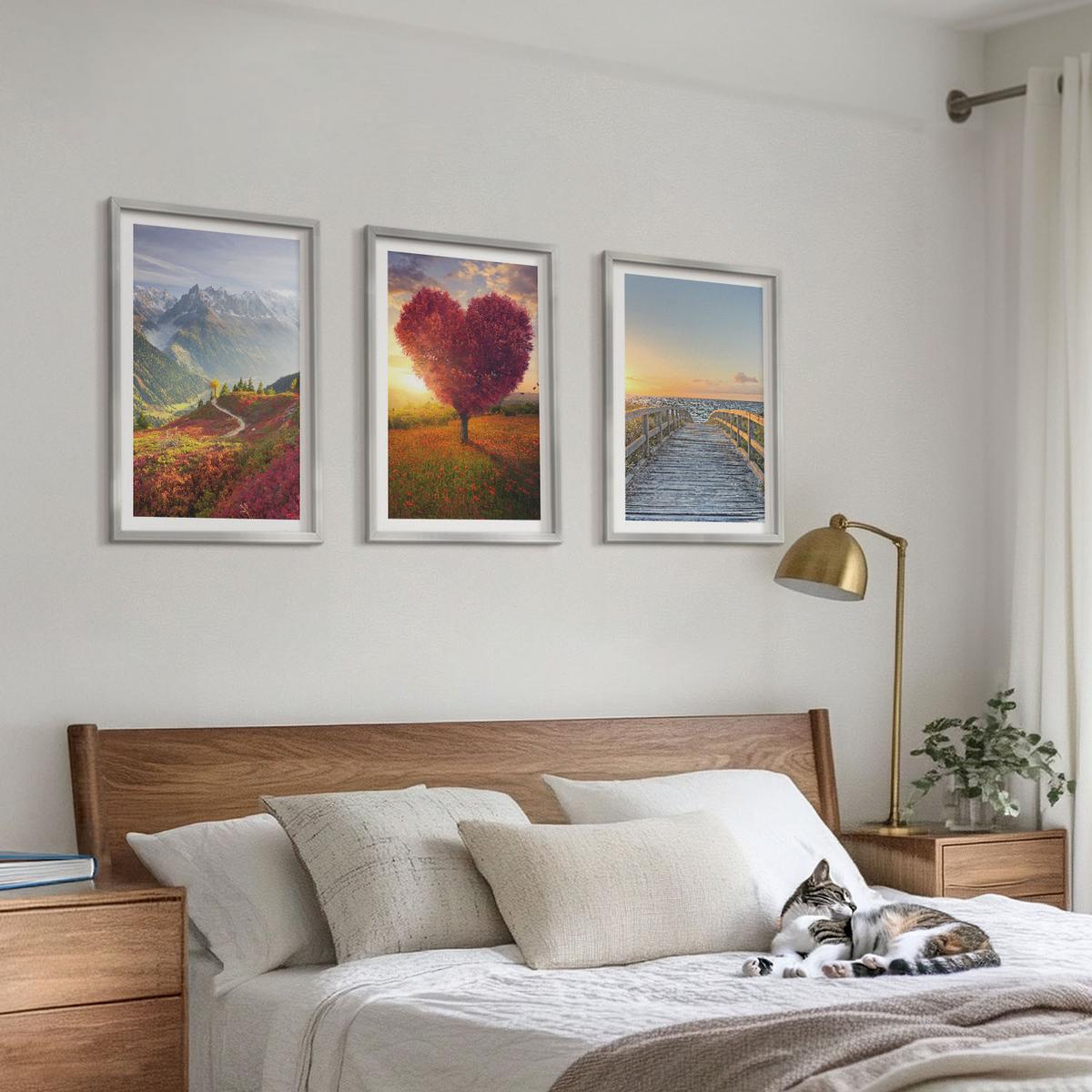 BILDER SET 3er Set - 40x60 cm Silberner Rahmen - Landschaften Berge Baum Herz Pier - Silberfarben, Kunststoff (40/60cm) - TULUP