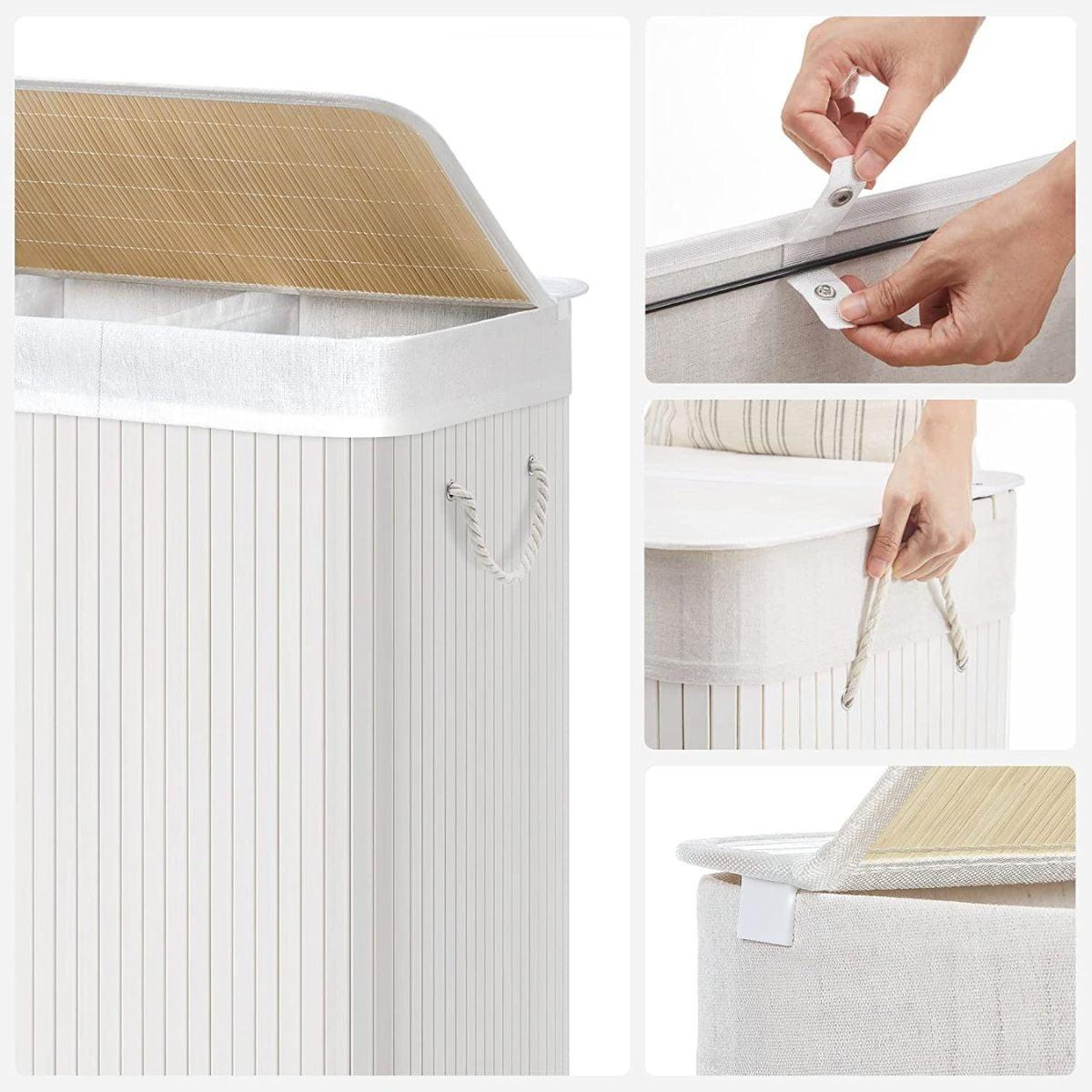 WÄSCHEKORB 3 Fächer mit abnehmbaren Beuteln Bambus und Weiß - Weiß, Holz (42.5/61.5/64cm) - Calicosy