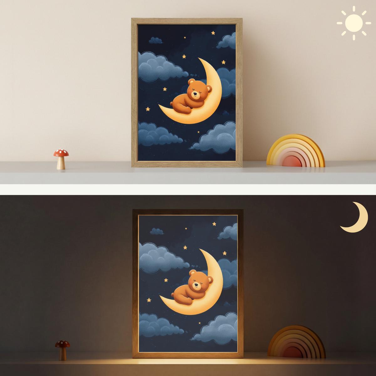 WANDLEUCHTE MIT AKKU Teddybär - Mond - Wolken - Sterne 30x40 cm - Dunkelblau, Holzwerkstoff (30/40/8cm) - OnlyWow
