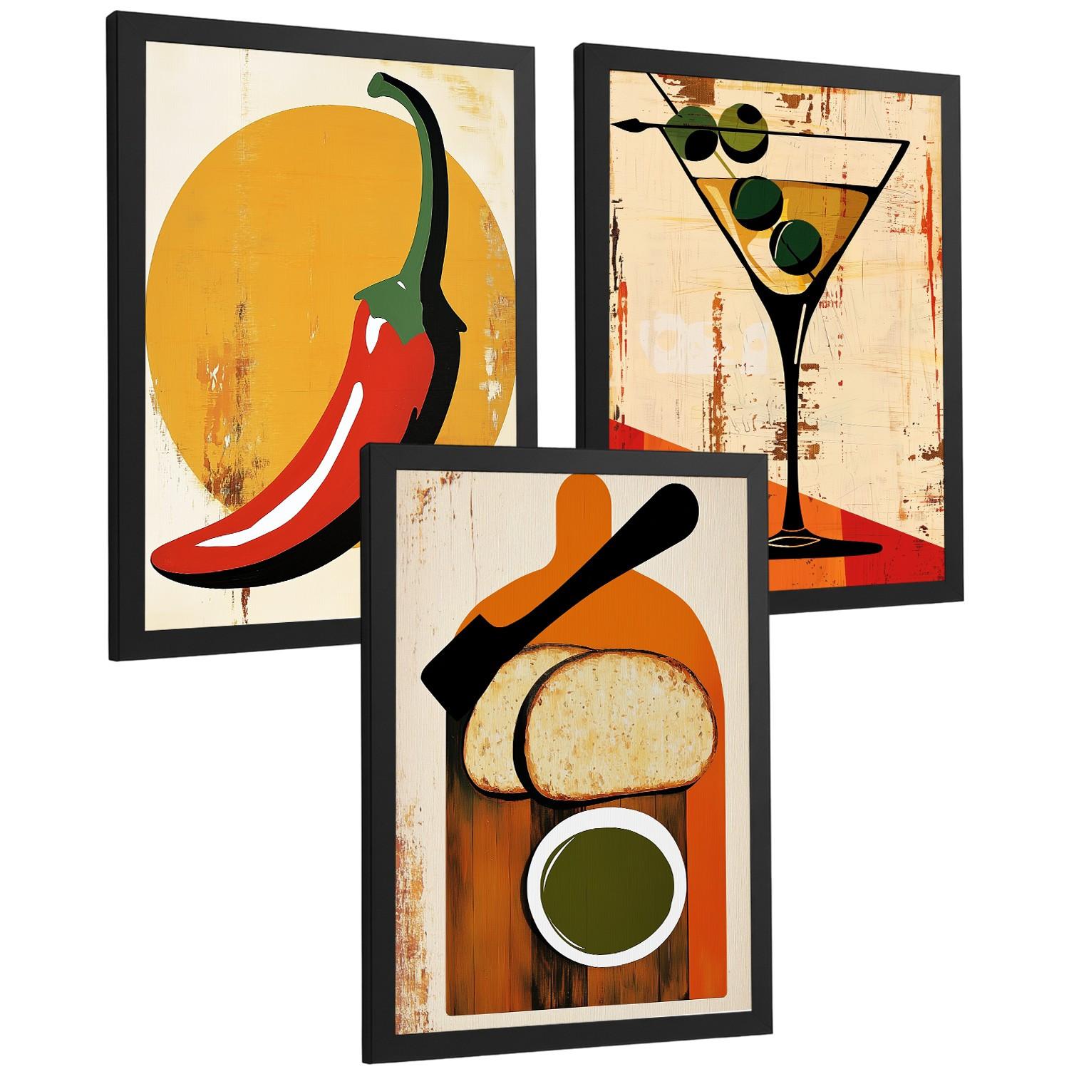 POSTER 3er Set Küchen-Wandbilder Vintage Chili Martini und Brot Olivenöl Retro Esszimmer Bar Deko Schwarzer Rahmen A3 - Schwarz, Papier (29.7/1/42cm) - Nacnic
