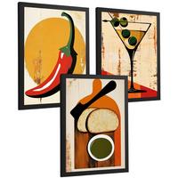 POSTER 3er Set Küchen-Wandbilder Vintage Chili Martini und Brot Olivenöl Retro Esszimmer Bar Deko Schwarzer Rahmen A3 - Schwarz, Papier (29.7/1/42cm) - Nacnic