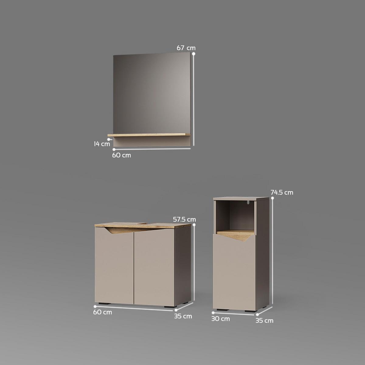 BADMÖBEL-KOMBINATION Timavo Greige 3 Teile, mit Midischrank - Greige, Holzwerkstoff (60/57/35cm) - Livinity®