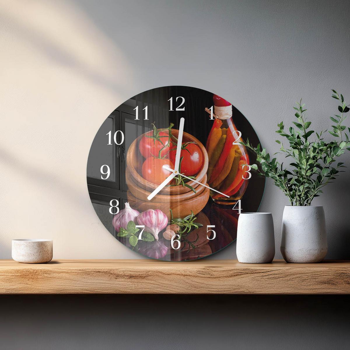 WANDUHR aus Glas Ø30 cm - Tomaten und Knoblauch - Rot, Glas (30/30/0.4cm) - TULUP