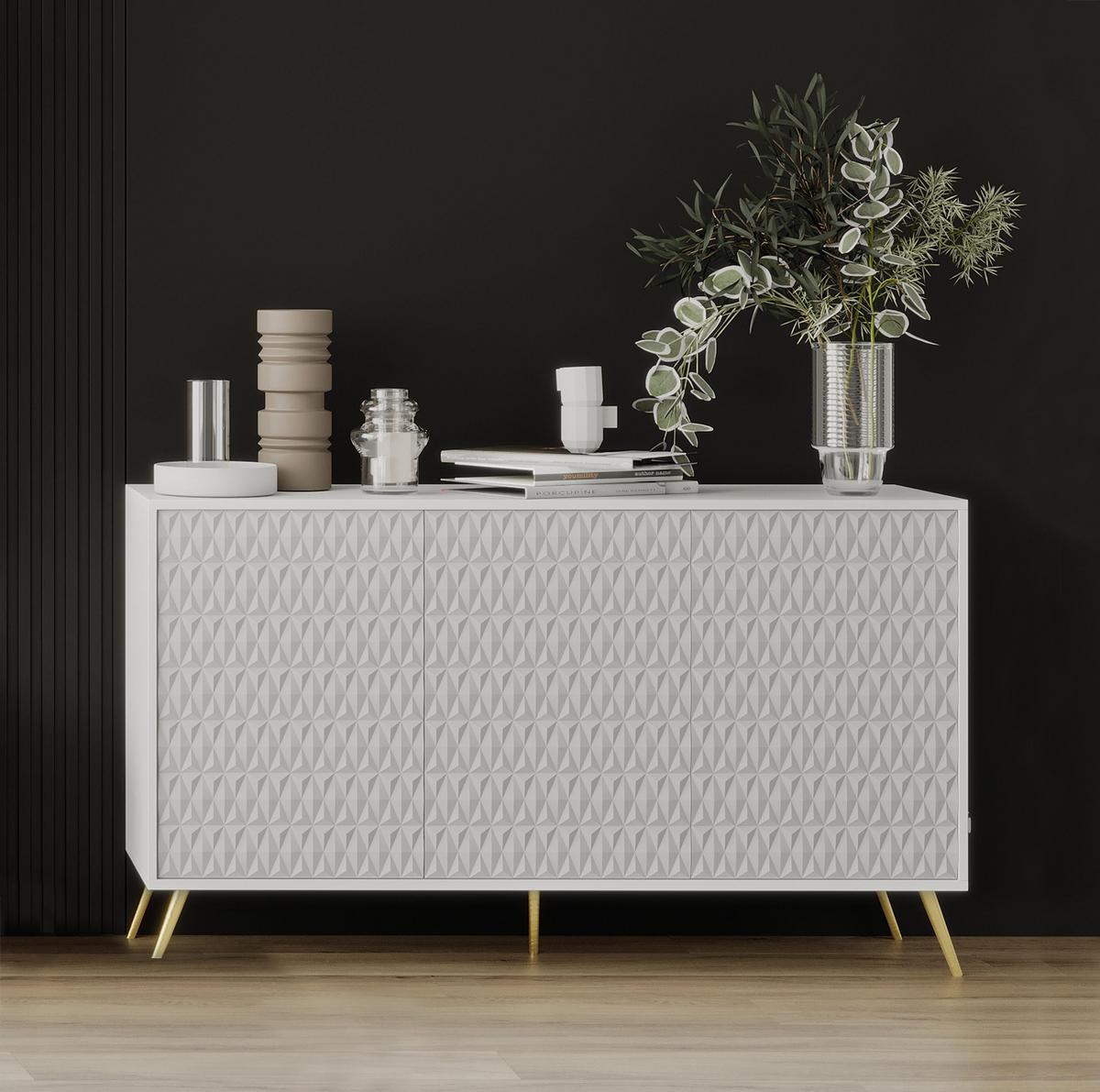 SIDEBOARD Delvine 3T Weiß 154/78/38 cm – mit schwarzen Beinen und 3 verzierten Türen - Goldfarben/Weiß, Holzwerkstoff (154/78/38cm) - AX Living