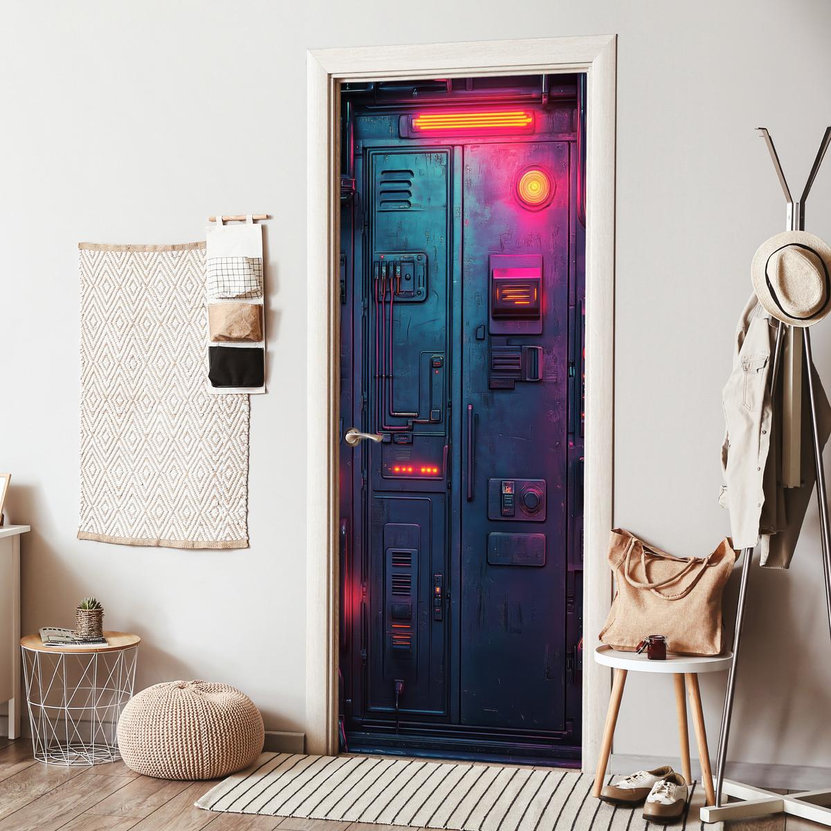 TÜRAUFKLEBER Tür - Futuristisch - Blau - Rosa - Neon 90x235 cm - Türtapete - Anthrazit, Kunststoff (90/0.1cm) - MuchoWow