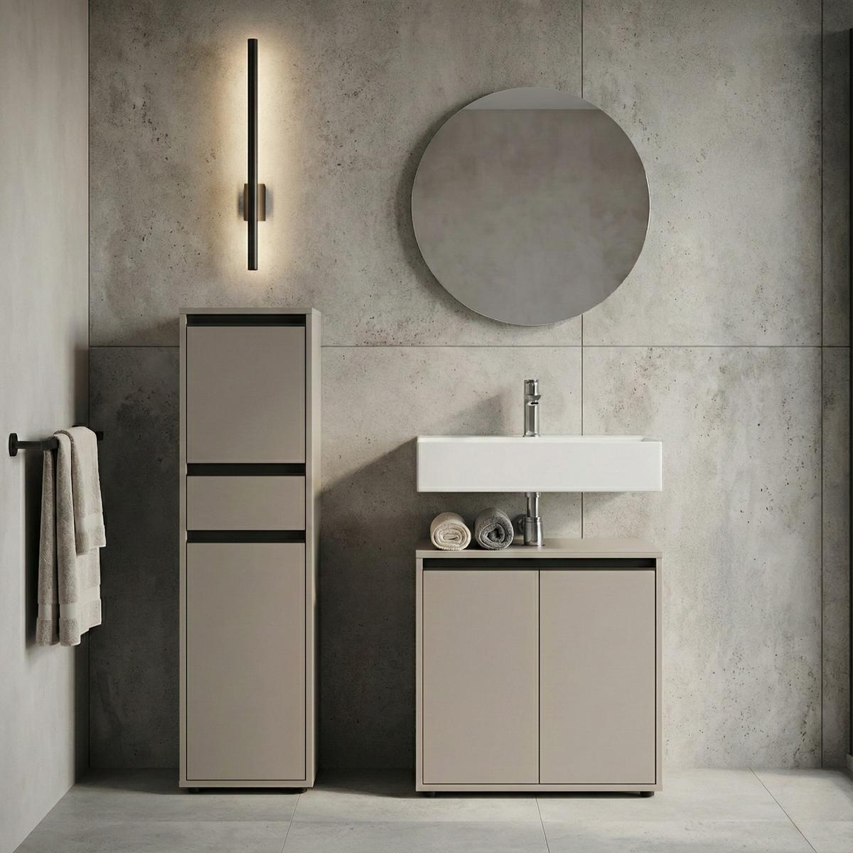 BADSCHRANK schmal HAMBURG Soft-Close, 33x121x34 cm | Steingrau - Grau, Holzwerkstoff (33/121/34cm) - KADIMA DESIGN