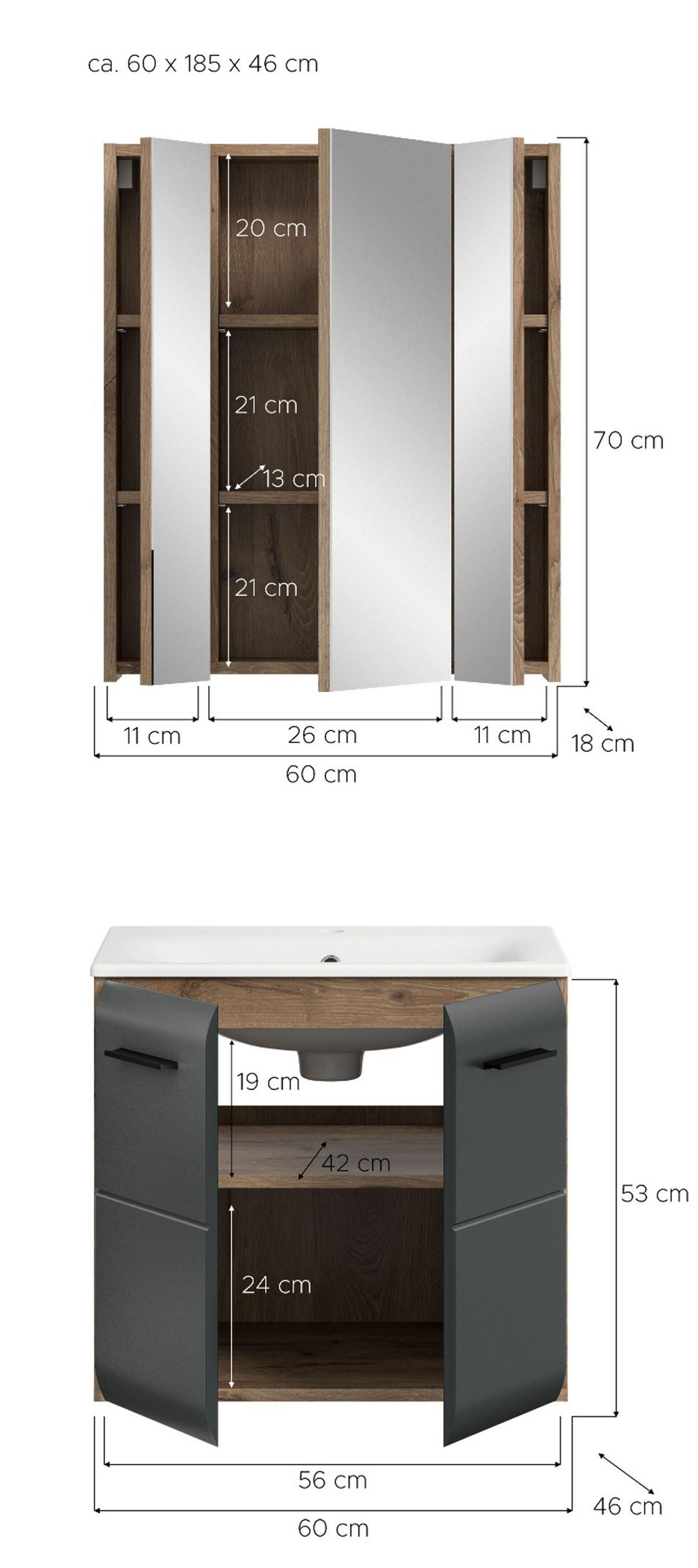 BADMÖBEL-SET 2-teilig Schwarz matt und Eiche Komplett-Set mit Waschbecken, 60 x 185 cm - Eichefarben/Schwarz, Glas/Holzwerkstoff (60/185/46cm) - Inn.Furn