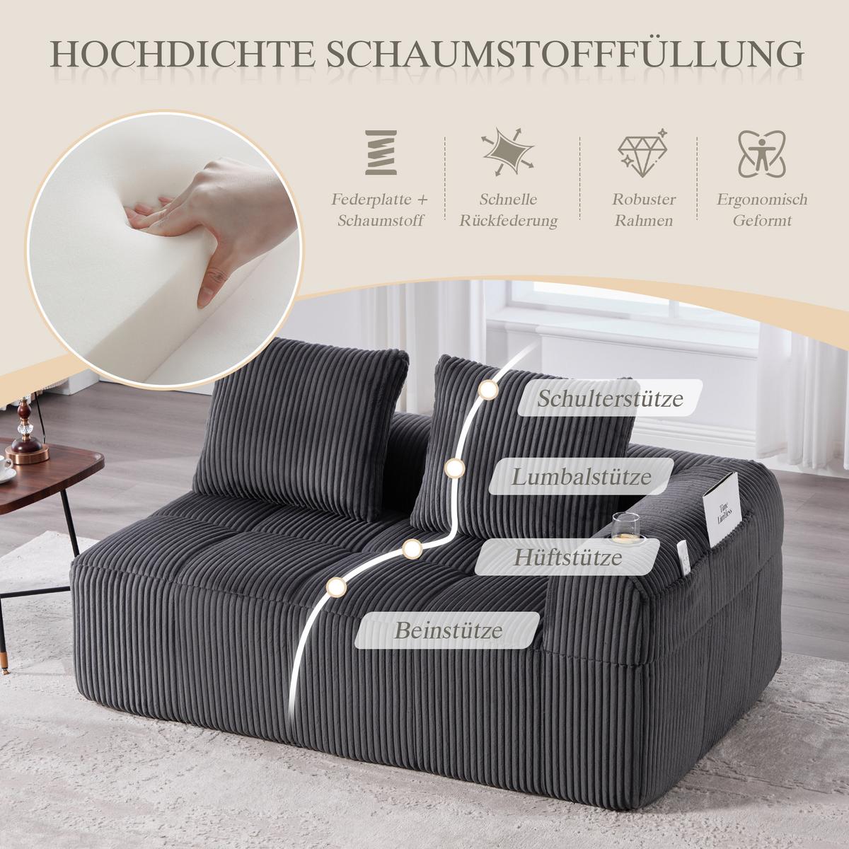 CHAISELONGUE in Cord Übergroßer Relaxsessel mit Seitentaschen - Dunkelgrau, Textil (158/61/93cm) - Urban Meuble