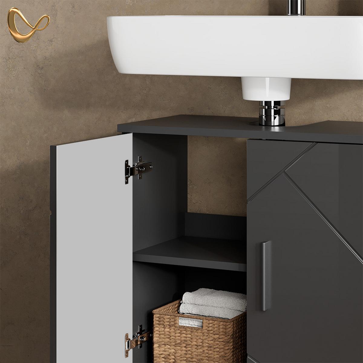 BADMÖBEL-SET Ronco Anthrazit Hochglanz 2 Teile, Unterschrank 60 cm - Schwarz Hochglanz, Holzwerkstoff (60/81/30cm) - Livinity®