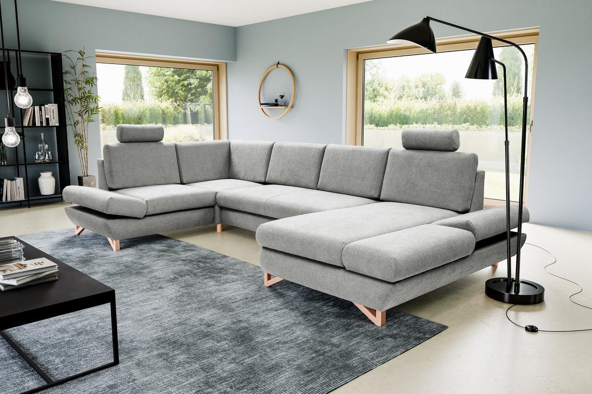 WOHNLANDSCHAFT CASA IV L-S Grau Plüsch-Stoff mit Schlaffunktion - Grau, Holz (344/100/199cm) - MASSENO