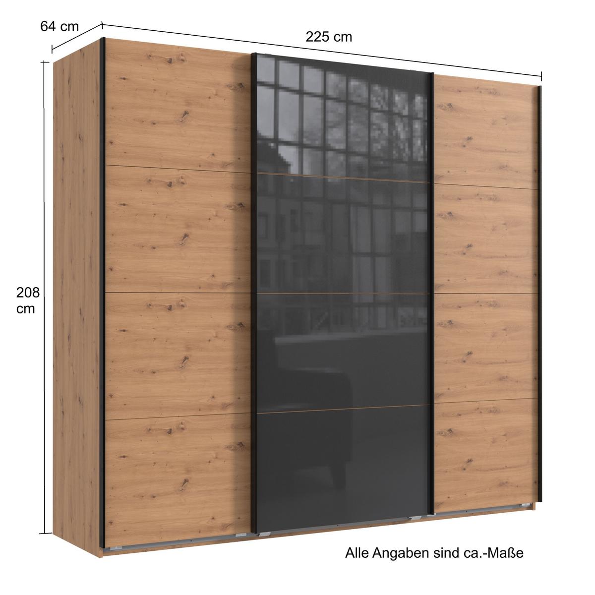 SCHWEBETÜRENSCHRANK 3-türig B225/H208/T64 cm in Eiche Artisan Dekor, Kleiderschrank mit einer Glasfront-Tür in Grau / 22524 - Edelstahlfarben/Eichefarben, Holzwerkstoff/Metall (225/208/64cm) - luma-home