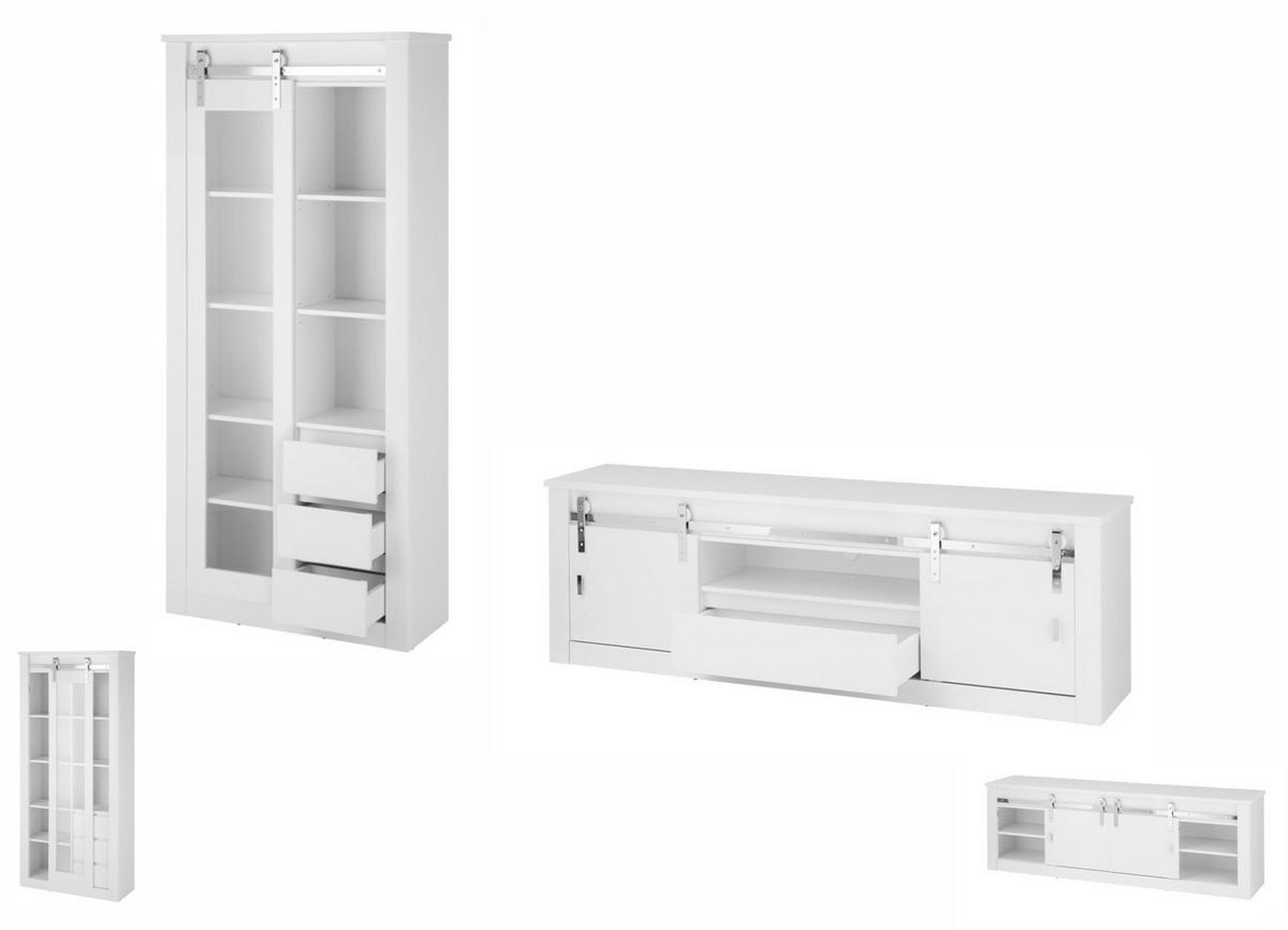 WOHNWAND weiß Hochglanz 2-teilig 309 x 201 cm, Wohnkombination mit Soft-Close - Chromfarben/Weiß Hochglanz, Glas/Holzwerkstoff (309/201/43cm) - Furn.Design