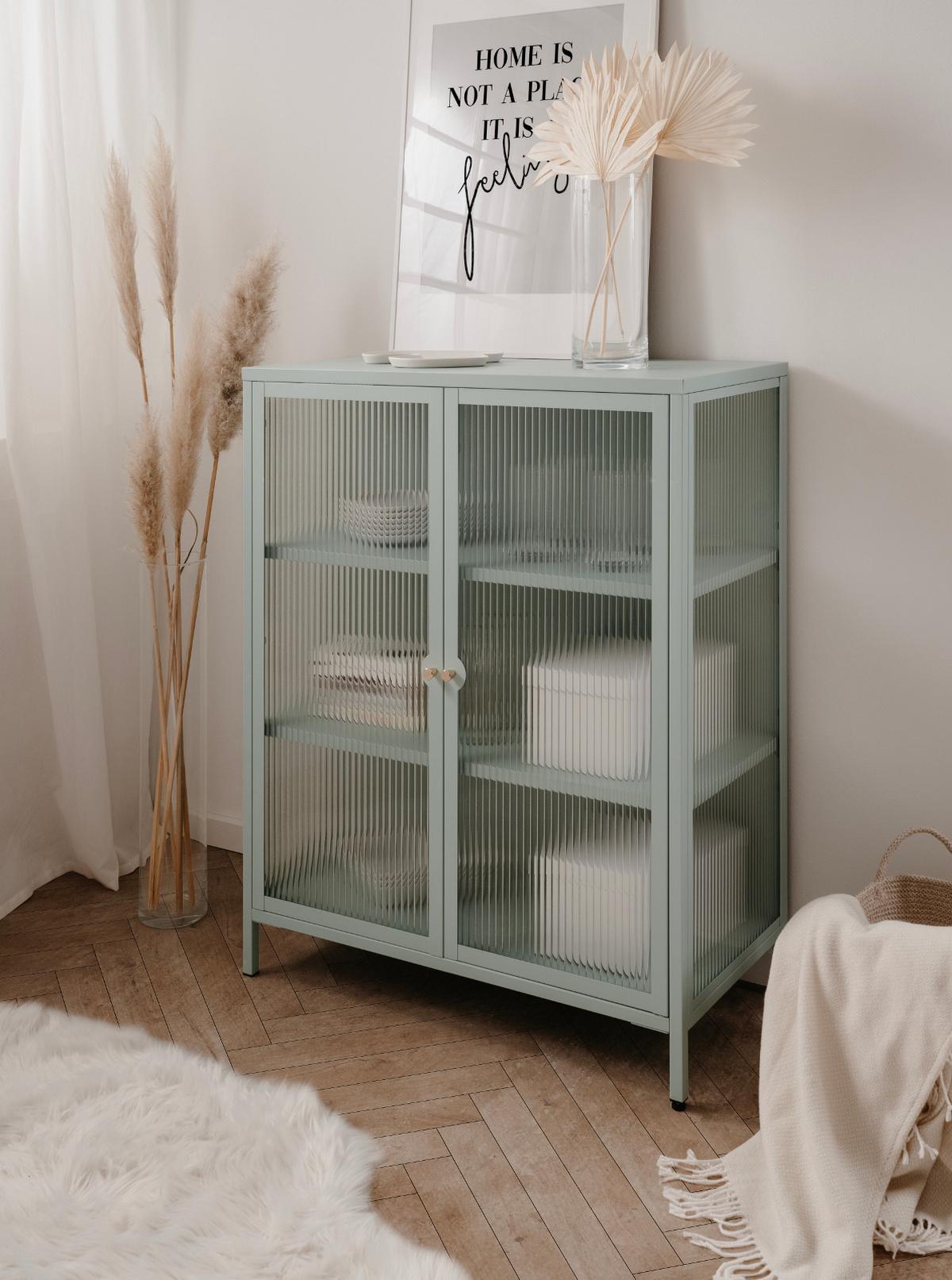 KOMMODE Metall mintgrün 80 cm, Vitrine mit stabilem Metallgestell - Goldfarben/Mintgrün, Glas/Metall (80/101.5/40cm) - Furn.Design